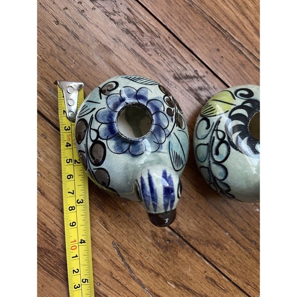 Set of 2 Tonala Mexican Pottery Hand Painted Bird Candle Holders Folk Art Signed - Picture 4 of 6